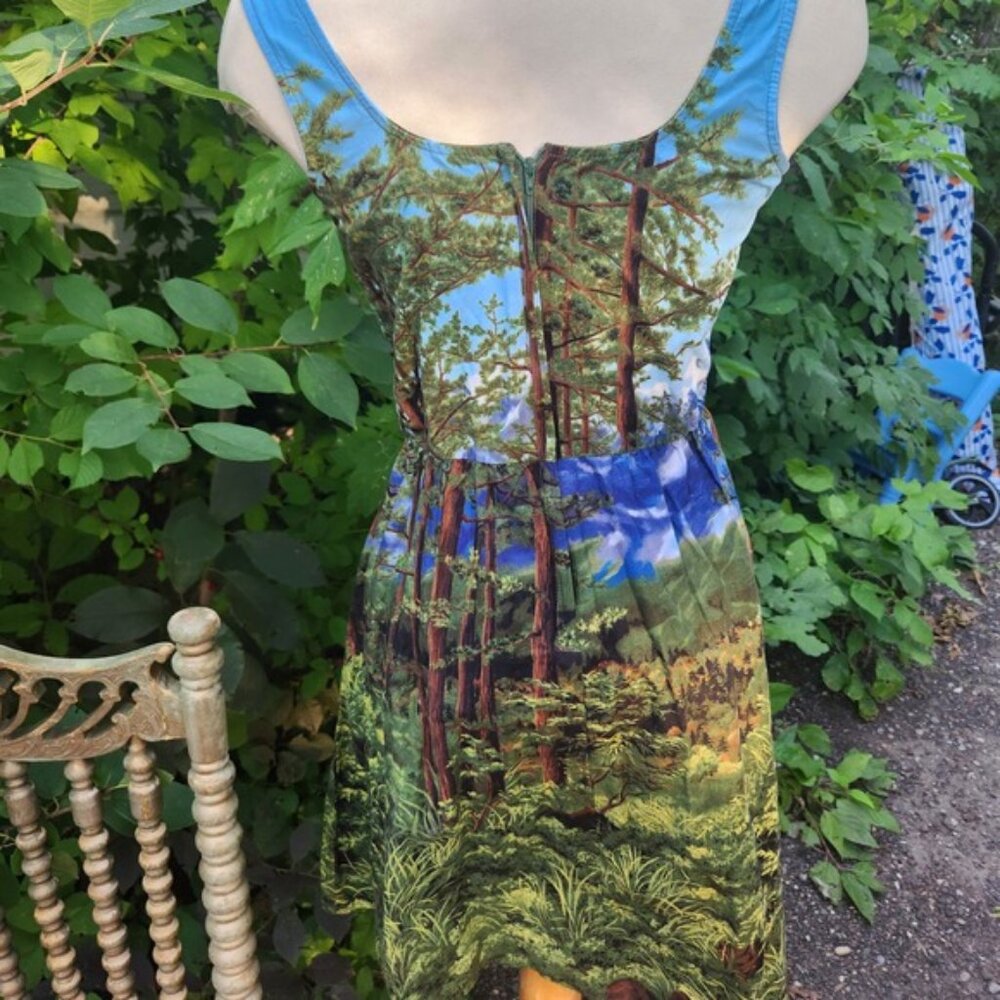 Retrolocious Forest Tree Print Fit & Flare Dress Sleeveless Womens M - Picture 4 of 14